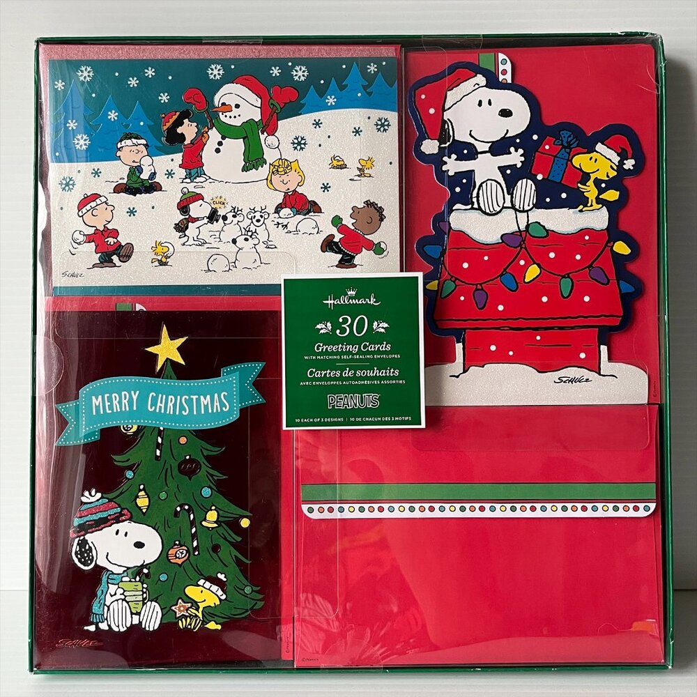 Peanuts Charlie Brown Snoopy 30 Christmas Cards w/ Envelopes 3 Designs Hallmark